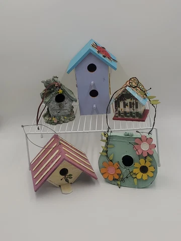 Lot 5 Bird Houses Flower Ladybug Dragonfly Bee Spring Summer Hanging Wood Metal Cover