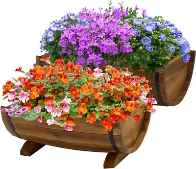 Solid Acacia Wood Half Barrel Planter Metal Bands & Drainage Hole Legs Include - Image 1 of 4