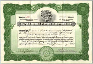 Duplex Motion Pictures Industries 1925 Stock Certificate Movie Film - Picture 1 of 2