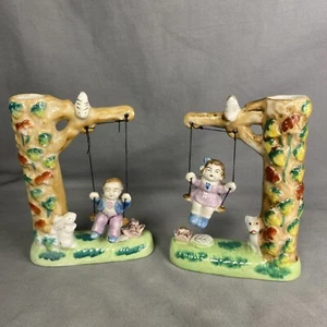 "Juego de 5"" florero vintage bisque brote niña y niño en columpios pintado a mano" - Imagen 1 de 8