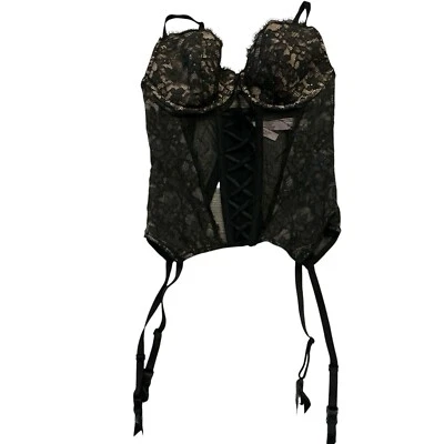 Victoria’s Secret Black Lacy Lace Up Corset Size Medium Garter Straps - Image 1 of 4