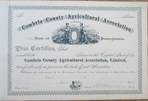 Asociación Agrícola del Condado de Cambria 1880 Certificado de Stock Carrolltown, Pensilvania - Imagen 1 de 1