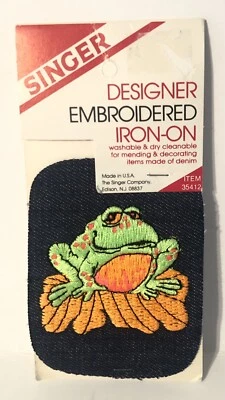 Vintage Singer Designer Embroidered Iron-On FROG LILY PAD on Denim NEW Old Stock - Image 1 of 2
