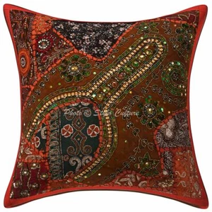 Ethnic Cotton Embroidered 40x40 cm Beaded Sequins Patchwork Throw Pillow Cover - Picture 1 of 3