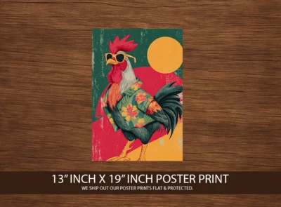 Impresión de póster de gallo hawaiano 13x19 - Divertido arte de pollo - Pared de playa tropical Foto 1 de 3