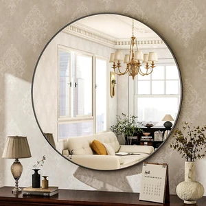 round Mirror 24 Black Wall Mounted Circle Mirrors Vanity Mirror with Brushed Alu - Picture 1 of 10