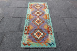 Kilim Vintage Traditional Hand Made Oriental Purple Wool Kilim Runner 199x72cm - Picture 1 of 12
