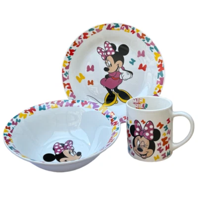 SET 3 PEZZI IN CERAMICA MINNIE DISNEY TAZZA CIOTOLA PIATTO STOVIGLIE PER BAMBINI - Immagine 1 di 4