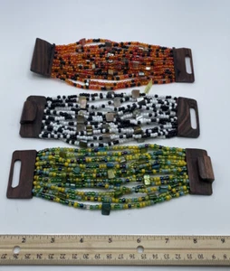 Menge 3 Multi Strang Holz Verschluss Manschette Armbänder Indonesien Boho Ethno Tribal - Bild 1 von 1
