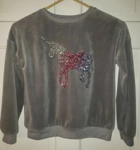 Gray Stretch Velvet velour Sequined Unicorn Pullover Sweatshirt. Girls 7 8 - Picture 1 of 5
