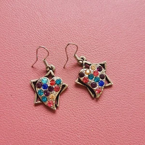 Silver tone star multicoloured unique drop dangle earrings pre-owned hook 4.5cm - Picture 1 of 2