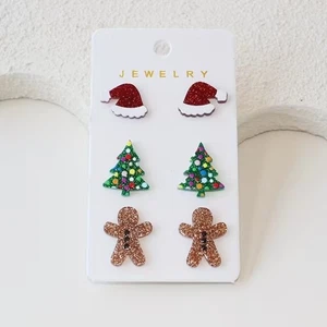Brillante Brillo Árbol de Navidad, Sombrero de Papá Noel y Pendientes de Pan de Jengibre Regalo 3 Pares - Imagen 1 de 3