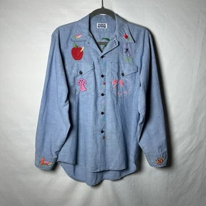 Vintage Big Smith Chambray Shirt Blue 70s Made in USA Hand Embroidered Hippie - Picture 1 of 17