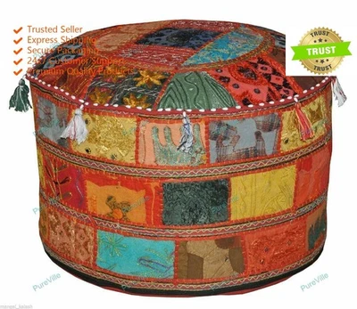 New Vintage Handmade Floral Indian Pouf Cover Ottomans Stool Boho Meditation - Image 1 of 4