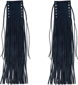 Premium Black Leather Motorcycle Handlebar Fringe Wraps Bike Grip Covers set - Picture 1 of 5