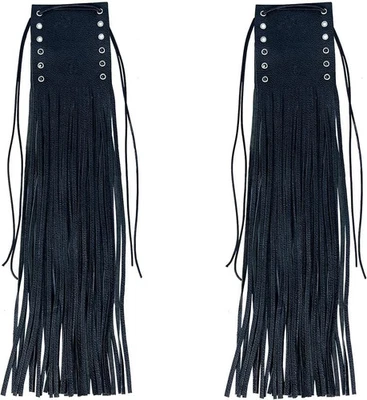 Premium Black Leather Motorcycle Handlebar Fringe Wraps Bike Grip Covers set - Image 1 of 4