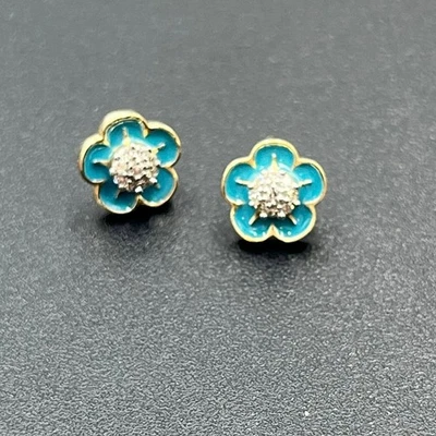 Серьги-гвоздики из золота 14 карат с бриллиантами и цветами голубая бирюзовая эмаль Мексика 10 мм 1,7 г - Изображение 1 из 4