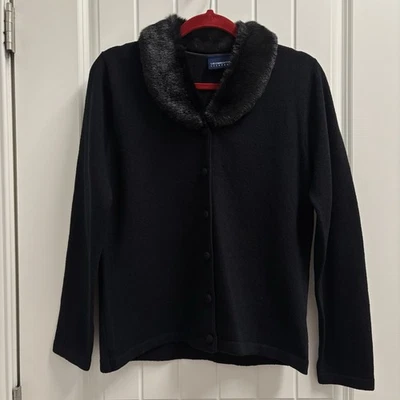 Suéter Liz Claiborne Negro Cuello de Piel Sintética Tela Botones Cárdigan Chaqueta Negro Foto 1 de 4