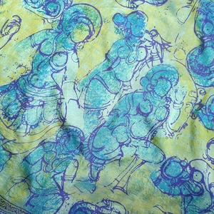 Vintage Green Blue and Yellow Dancing Indian Ladies Pure Silk Scarf - Picture 1 of 5