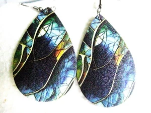 Pierced earrings Painted leather tear drops 2 1/2" long double faced dangle - Picture 1 of 3