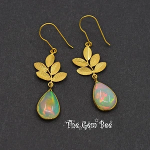 18k Gold Natural Pear Drop Shape Ethiopian Opal Leaf Design Linear Earrings - Picture 1 of 10