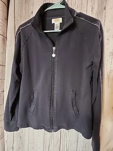 Talbots Women's Jacket Petite Large PL Black Long Sleeve Full Zip Velour Stripe - Picture 1 of 12