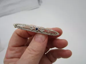 Broche prendedor vintage antiguo filigrana Art Deco oro 14k diamante zafiro - Imagen 1 de 5