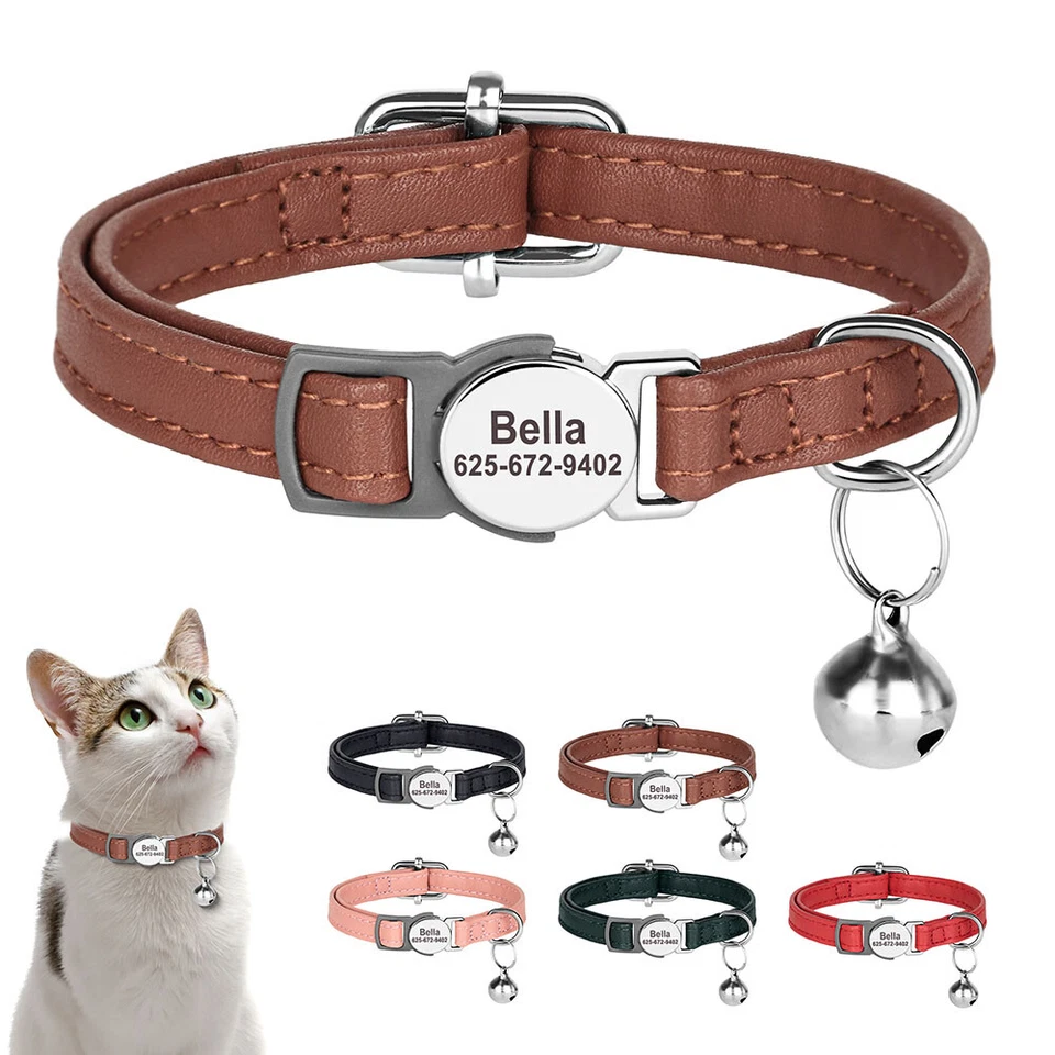 Collar de gato personalizado cachorro gatito grabado etiqueta de nombre cuero suave ajustable Foto 1 de 4