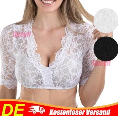 Damen Sexy Spitze Dirndlbluse 3/4 Arm Trachten Bluse Oktoberfest Wrap Crop Weiß - Bild 1 von 4