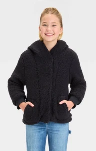 Cat & Jack Super Soft Faux Shearling Hooded Puffer Jacket Black Small 6/7 NWT - Picture 1 of 1