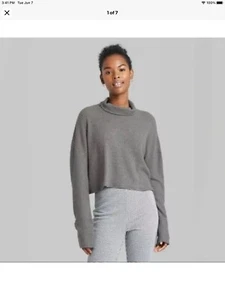 Women's Long Sleeve Turtleneck Cozy Boxy Cropped T-Shirt Wild Fable Gray Medium - Picture 1 of 7