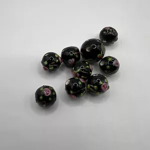 Juego de cuentas pintadas a mano de remolinos Nive flores rosas rosadas negras - Imagen 1 de 5