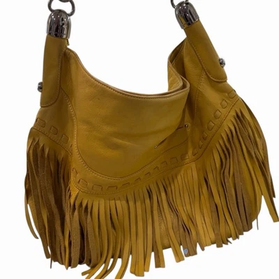 Preciosa Cartera de Cuero Amarilla con Flecos B. Makowsky en Fantástico Estado Foto 1 de 4