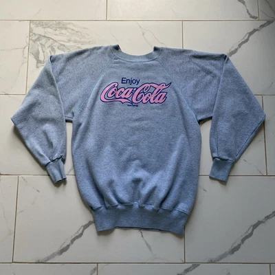 Vintage 1980s 80s Coca Cola Crewneck Sweatshirt Size L Blue Pink Coke - Image 1 of 4
