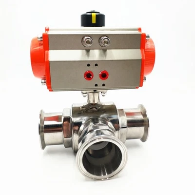 3/4" SS304 Three way T Port Clamp OD 50.5mm Sanitary Pneumatic Ball Valve - Image 1 of 4