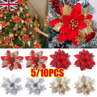 5-10PCS Christmas Large Poinsettia Glitter Flower Tree Hanging Xmas Party Decors - Image 1 of 4
