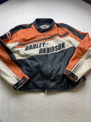 Chaqueta De Colección Y2K Harley Davidson Cuero Genuino Para Hombre Talla 2XL Negra Naranja Foto 1 de 4