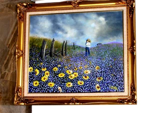 LARGE ORIGINAL Bluebonnet Landscape Fence House Girl Birds Windy Sky Clouds VTG - Picture 1 of 12