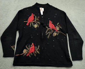 Quacker Factory Women's L Cardigan Sweater Black w/ Red Cardinal Birds - Picture 1 of 11