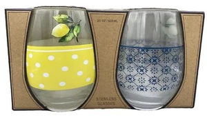 Stemless Wine Glasses Home Essentials Lemons & Leaves Collection Set Of 2 NEW 🍋 - Picture 1 of 7