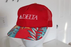 Delta Airlines Hawaii Snapback Hat High Crown Rope Floral Red Made USA Vtg 80s - Picture 1 of 13