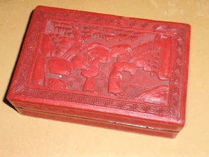 ANTIQUE CHINESE CINNABAR HAND CARVED LIDDED BOX  5.5 X 3 5/8 INCHES  - Picture 1 of 12