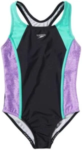 Speedo Girls Racerback Sport Splice One Piece Swimsuit Black/Purple/Mint Medium - Picture 1 of 2
