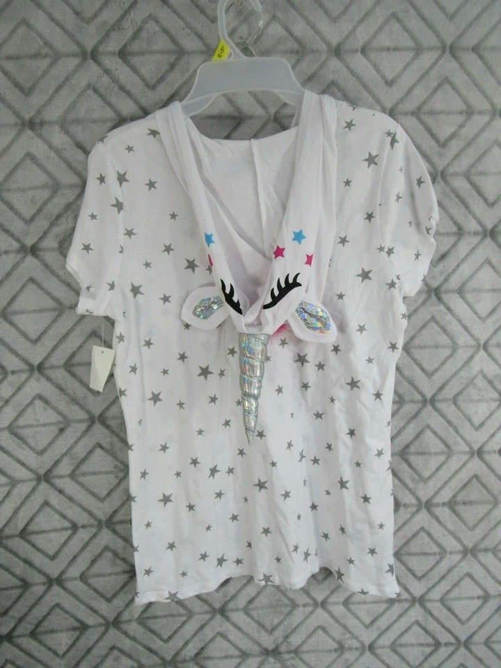 Wound up Top Size XXL 19 Juniors White Unicorn Hoodie Stars Horn Ears Casual
