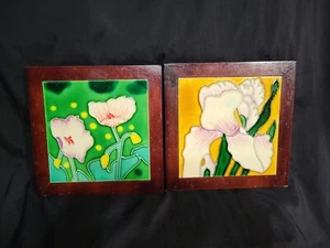 Pair of Cherry Wood/Mahogany Stained Glass Hanging Wall Tiles/Table Decor - Picture 1 of 2