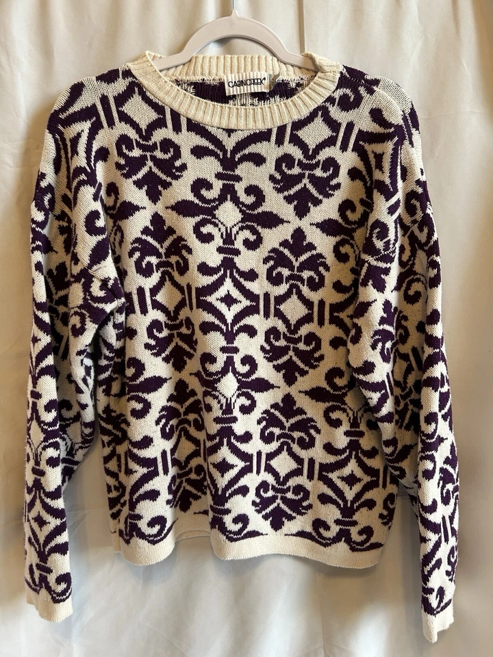 Suéter Cabin Creek Vintage Años 90 Blanco/Púrpura Hecho en EE. UU. 100% Algodón Talla Mediana Foto 1 de 4