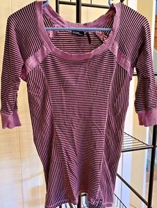 Guess Purple 3/4 Sleeve Shirt Purple An Black Striped Size M Defective - Picture 1 of 5