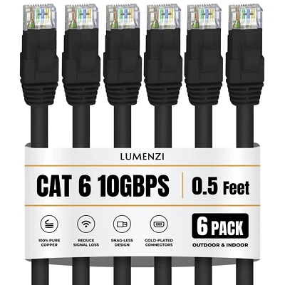 Cat 6 Ethernet Cable 6 Pack in 0.5 ft 10 Gbps Network Round Rj45 Black, Blue, - Image 1 of 4