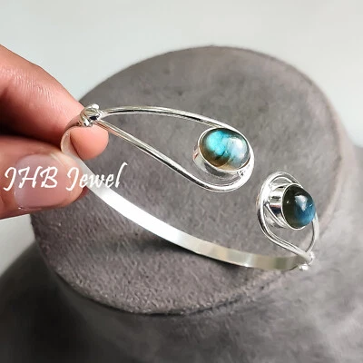 Blue Fire Labradorite Gemstone Bangle 925 Sterling Silver Bracelet For 1st Time - Image 1 of 4