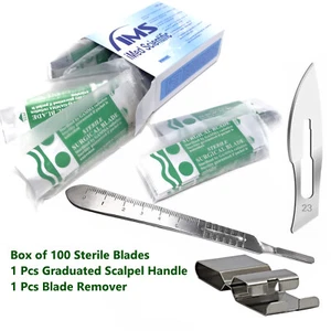 100 Surgical Sterile Blades #23+Scalpel Knife Handle #4 Graduated+Blade Remover - Picture 1 of 3